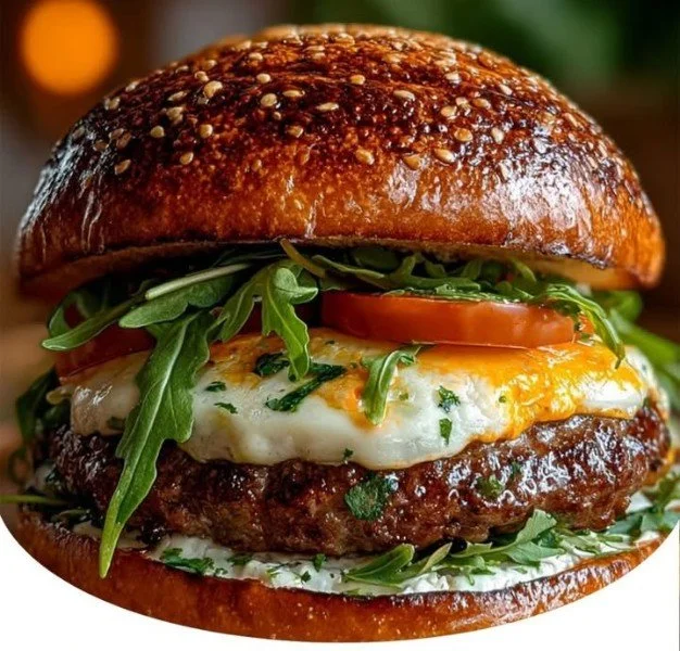 Burger bœuf double fromage juteux avec deux fromages fondus.