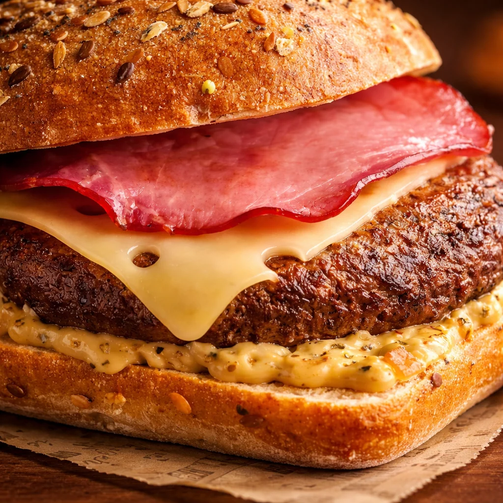 Burger appétissant avec garnitures fraîches et sauce, représentant le plaisir culinaire.