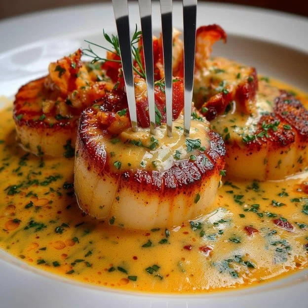 Saint-Jacques servies avec une délicieuse crème de homard
