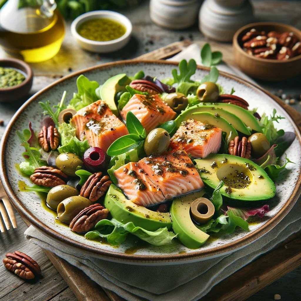Salade d'Avocat et Saumon Keto garnie de légumes frais