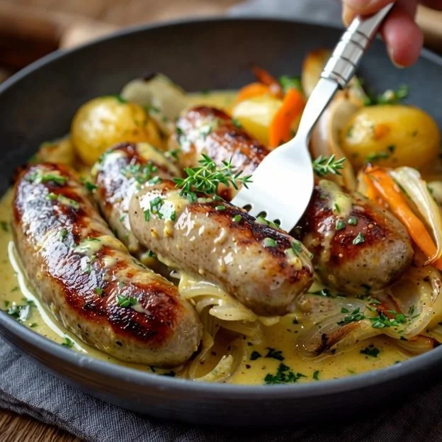Saucisses à la moutarde servies avec des oignons fondants