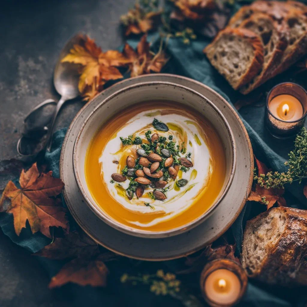 Soupe crémeuse au potiron garnie de graines grillées, idéale pour un repas réconfortant.