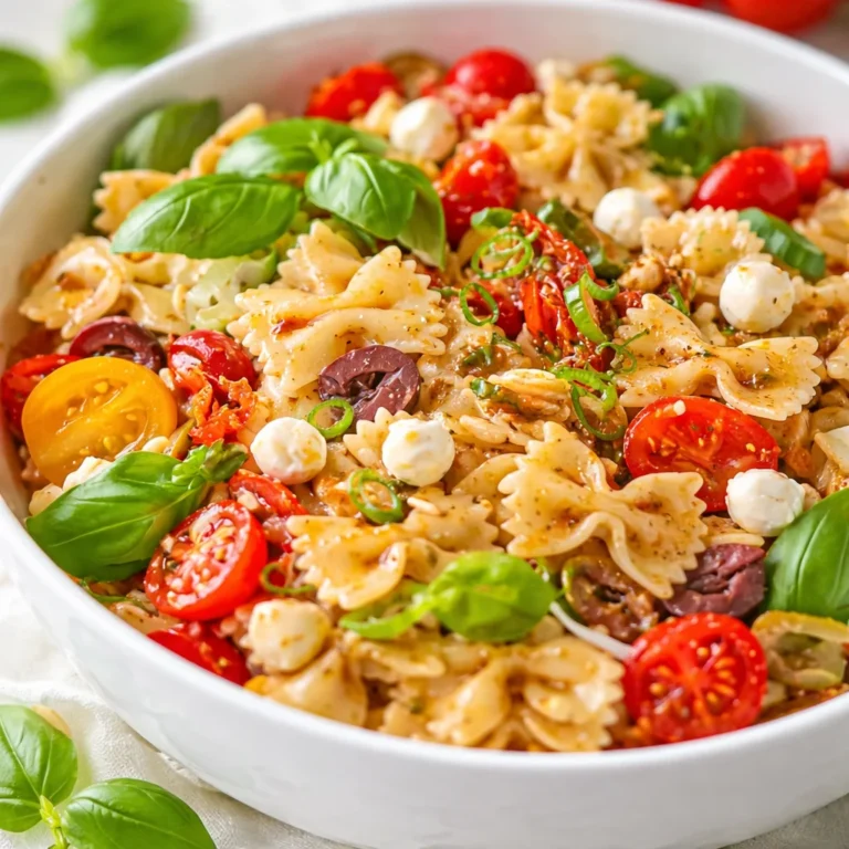 Salade de pâtes méditerranéenne colorée, idéale pour des repas sains et rapides.
