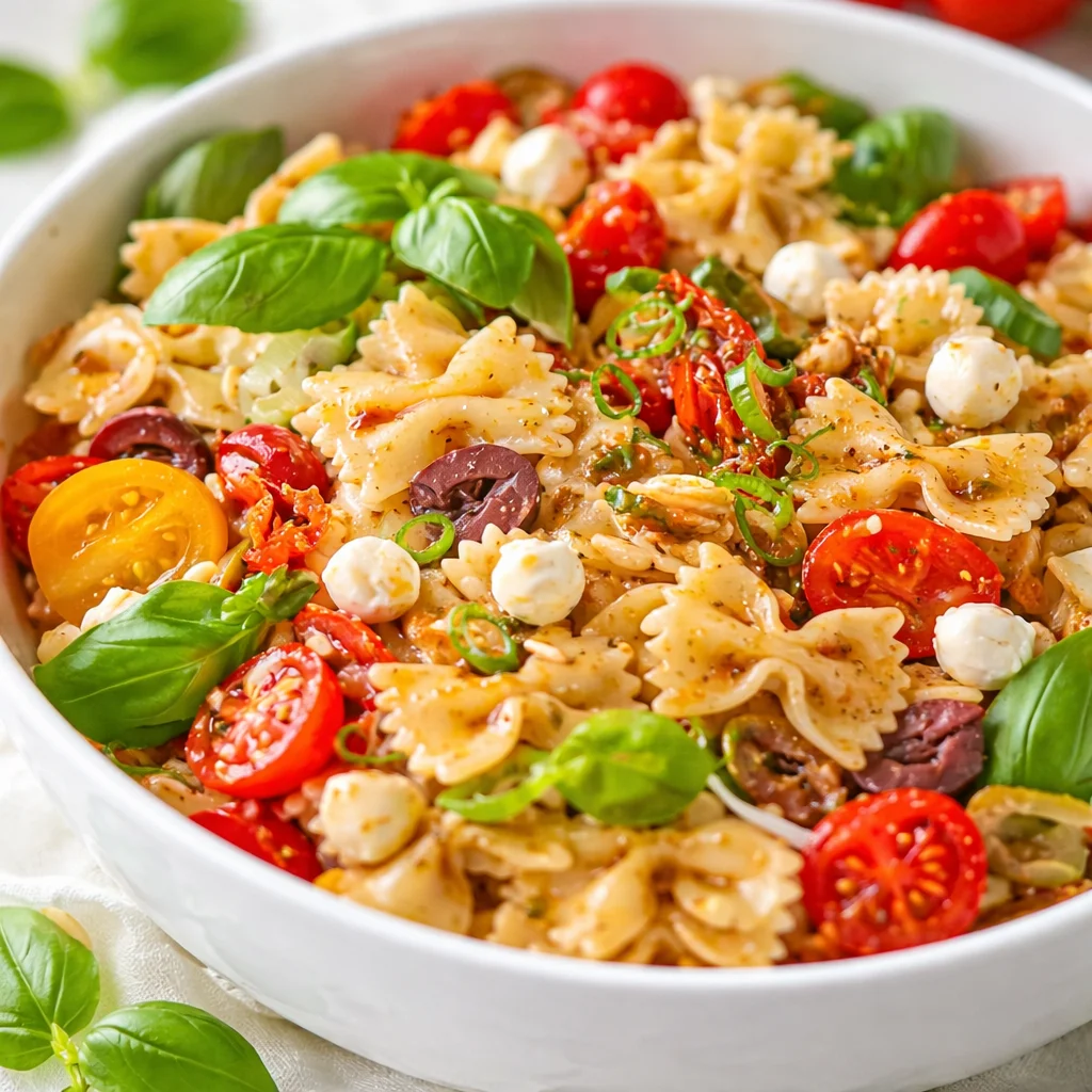 Salade de pâtes méditerranéenne colorée, idéale pour des repas sains et rapides.