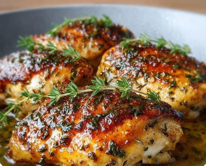 Blanc de poulet miel thym cuit avec des herbes de thym et du miel doré