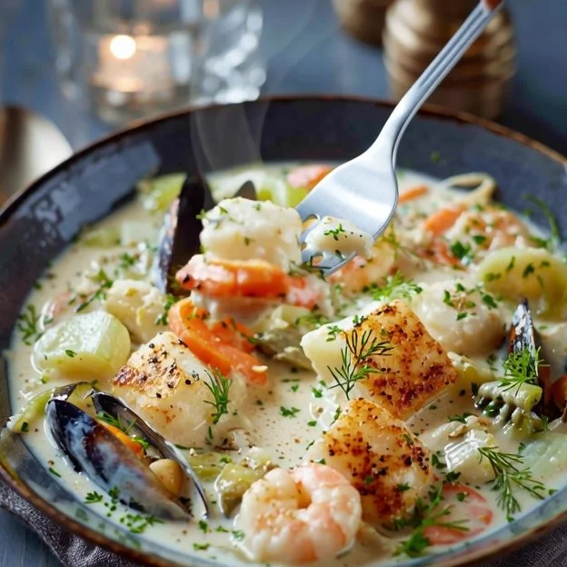 Plat de blanquette de la mer facile à préparer avec fruits de mer et sauce crémeuse.