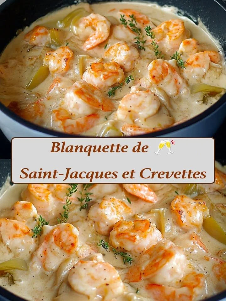 Blanquette de Saint-Jacques et Crevettes servie dans un plat élégant