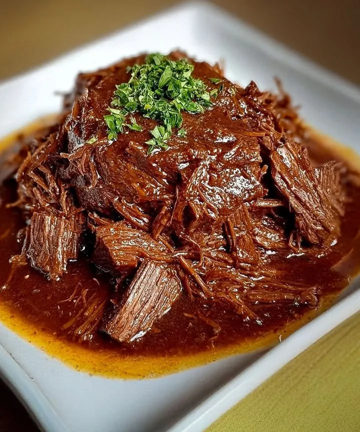 Bœuf effiloché fondant à la bière blonde, un plat savoureux et réconfortant.