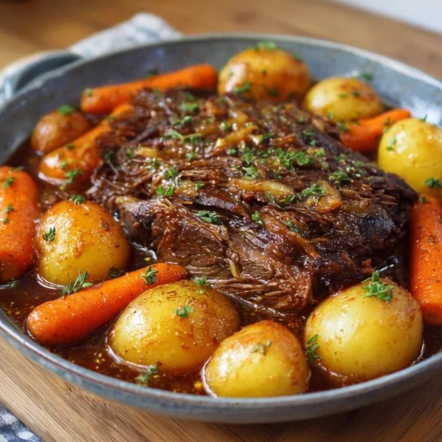 Boeuf braisé avec des carottes et des pommes de terre dans un plat savoureux
