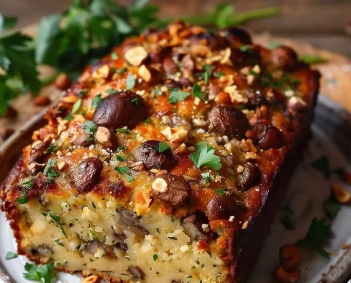 Cake aux champignons, Comté et noisettes prêt à servir