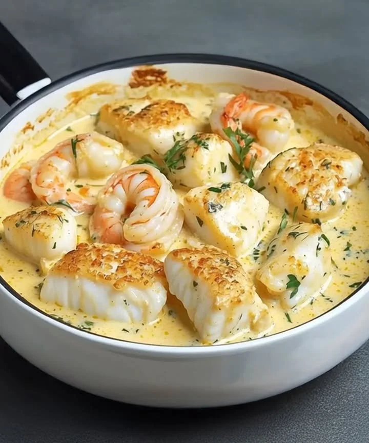 Cassolette de poissons aux crevettes, un plat de fruits de mer savoureux.