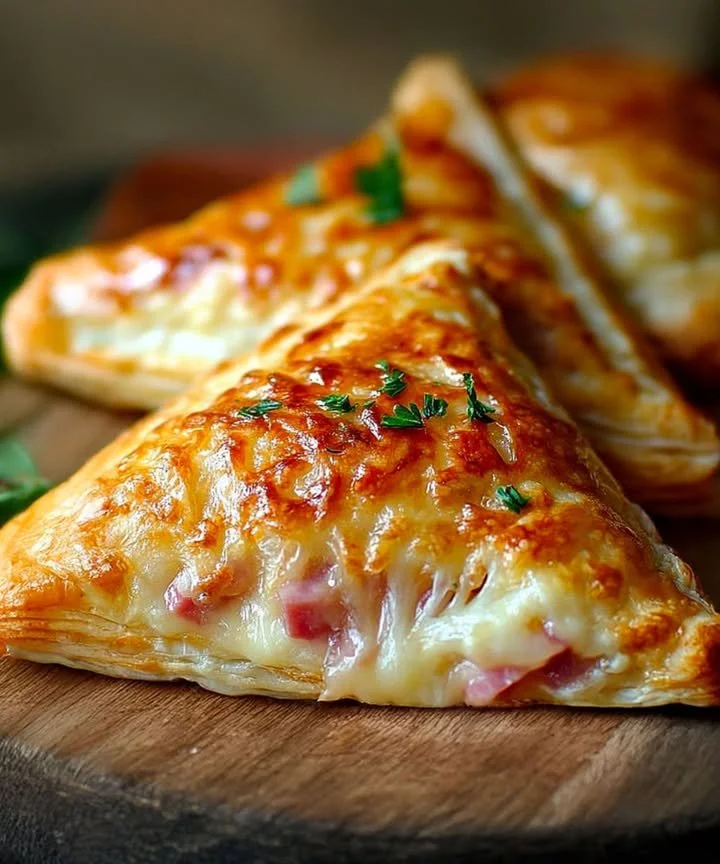 Chaussons au jambon et gruyère dorés et croustillants, prêts à déguster.