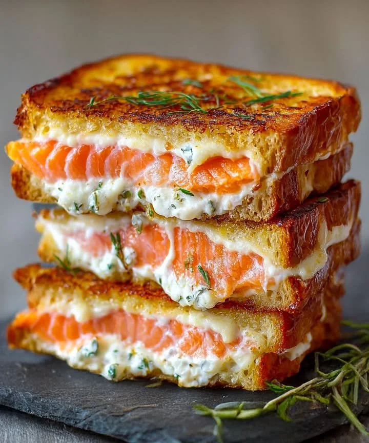 Croque au Saumon Fumé & Boursin, un sandwich savoureux avec du saumon et du fromage.