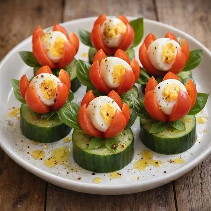 Fleurs d'œuf printanières sur rondelles de concombre