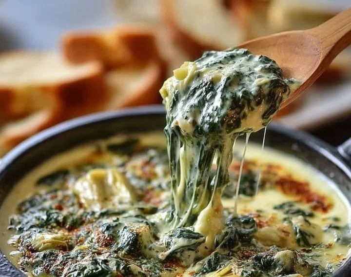Fondue épinards et artichauts servie avec du pain frais
