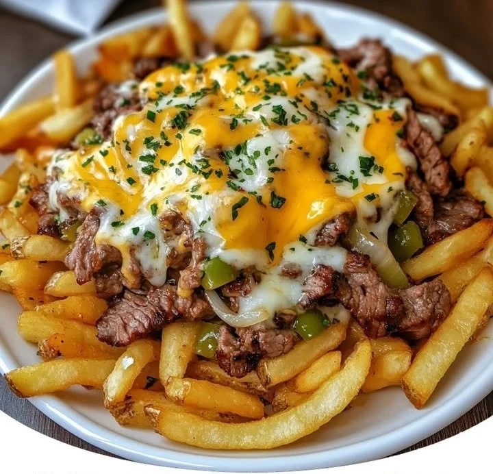 Frites au Steak et Fromage façon Philadelphie servies avec fromage fondu