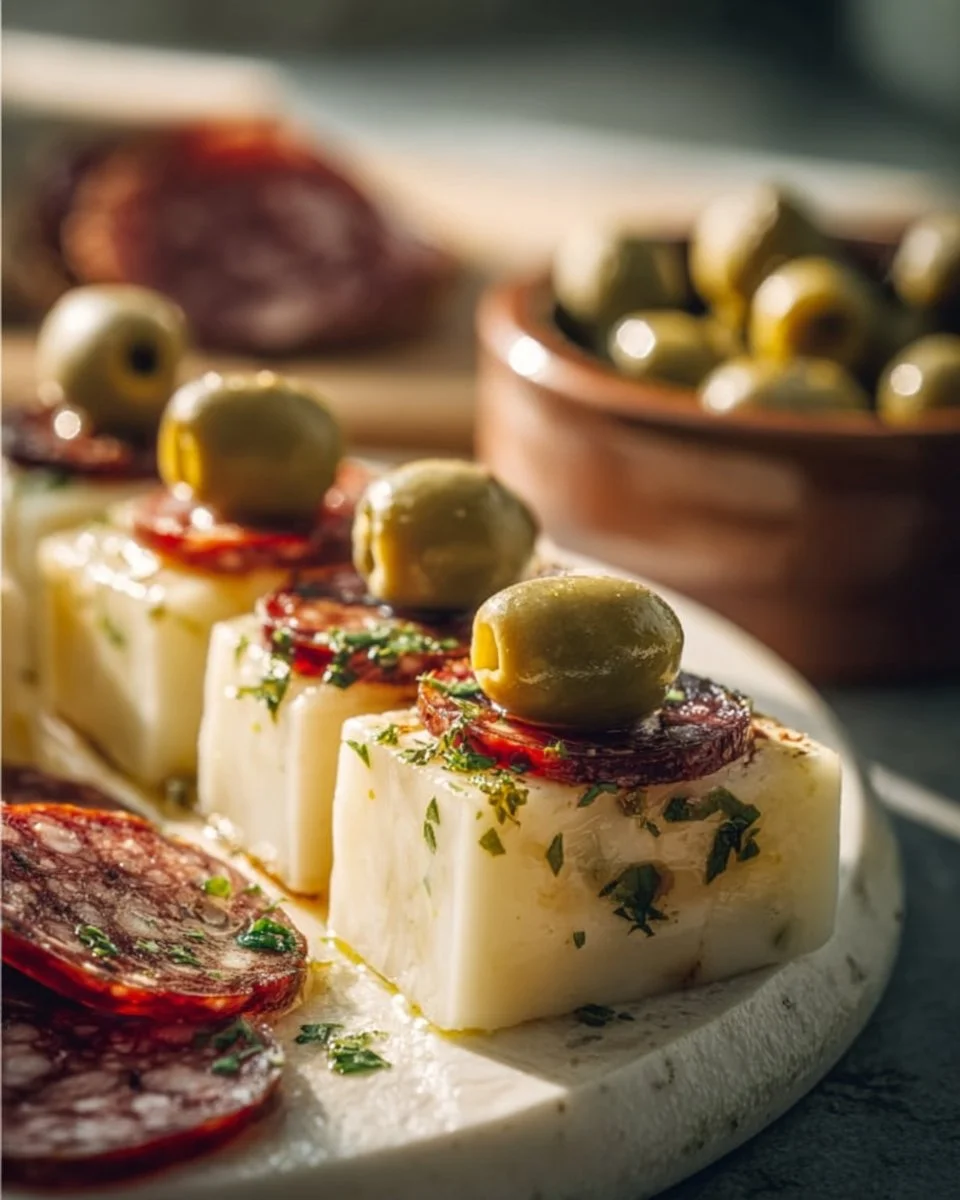 Fromage Mariné Facile avec Salami et Olives Vertes