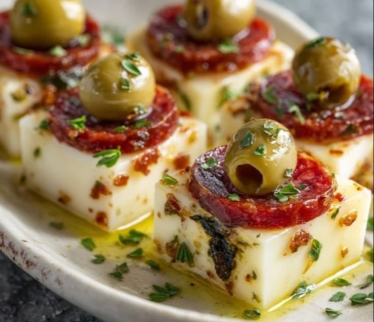 Fromage Mariné Facile avec Salami et Olives Vertes