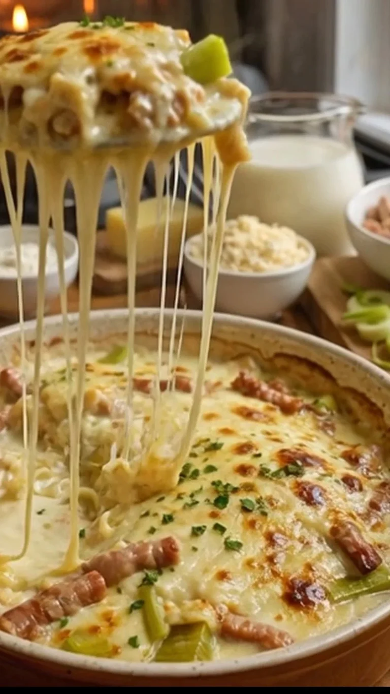 Gratin de Poireaux au Comté et Lardons, plat savoureux et réconfortant