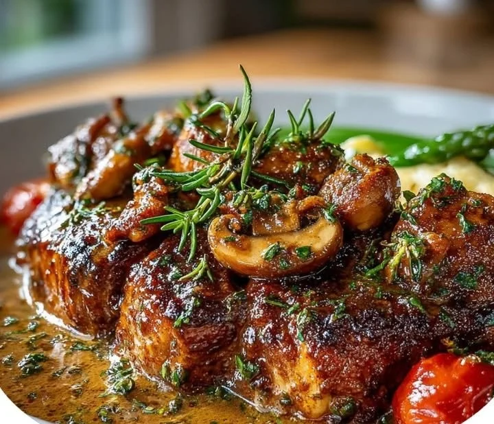 Joue de bœuf mijotée aux champignons dans une casserole