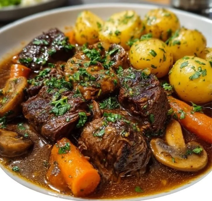 Recette de joue de bœuf mijotée aux champignons servie dans une assiette élégante.