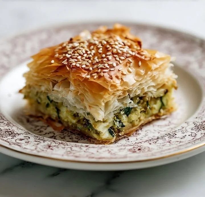 Kolokithopita, tarte grecque à la courge, garnie et dorée au four