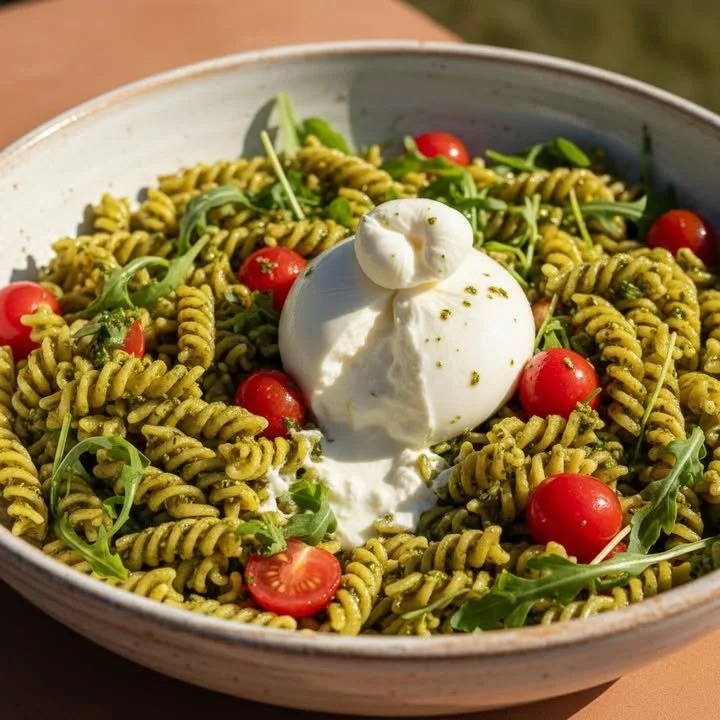 Salade de pâtes italienne colorée avec légumes frais et vinaigrette