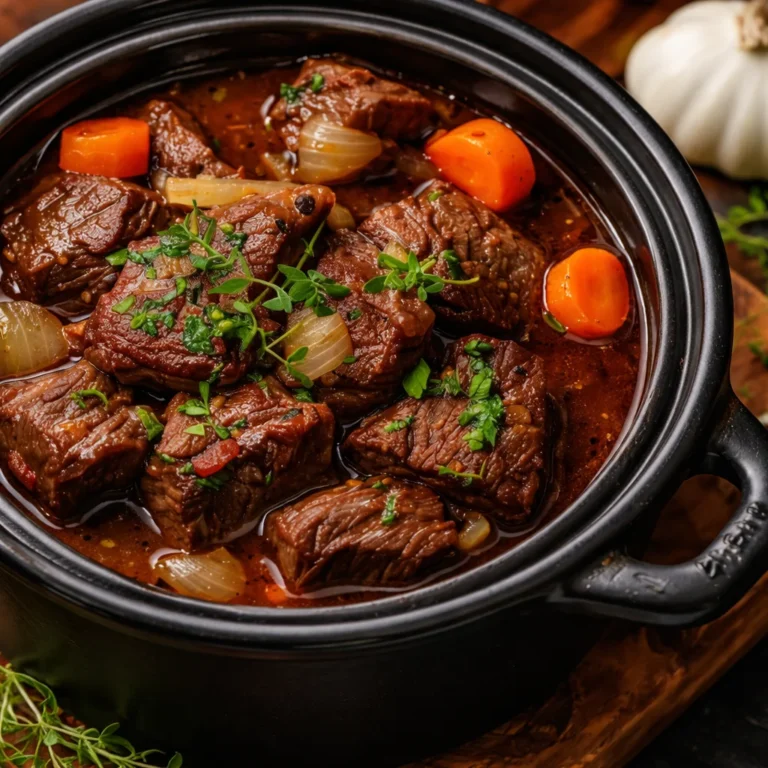 Joue de bœuf en cocotte mijotée avec carottes, un plat savoureux et réconfortant.