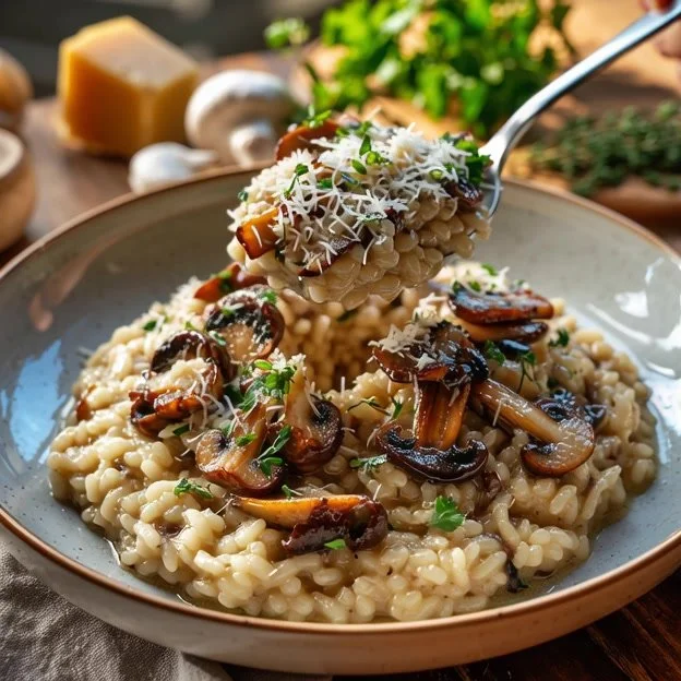 Risotto crémeux aux champignons servi dans une assiette élégante