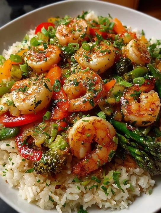 Plat de riz frit aux crevettes garni de légumes frais