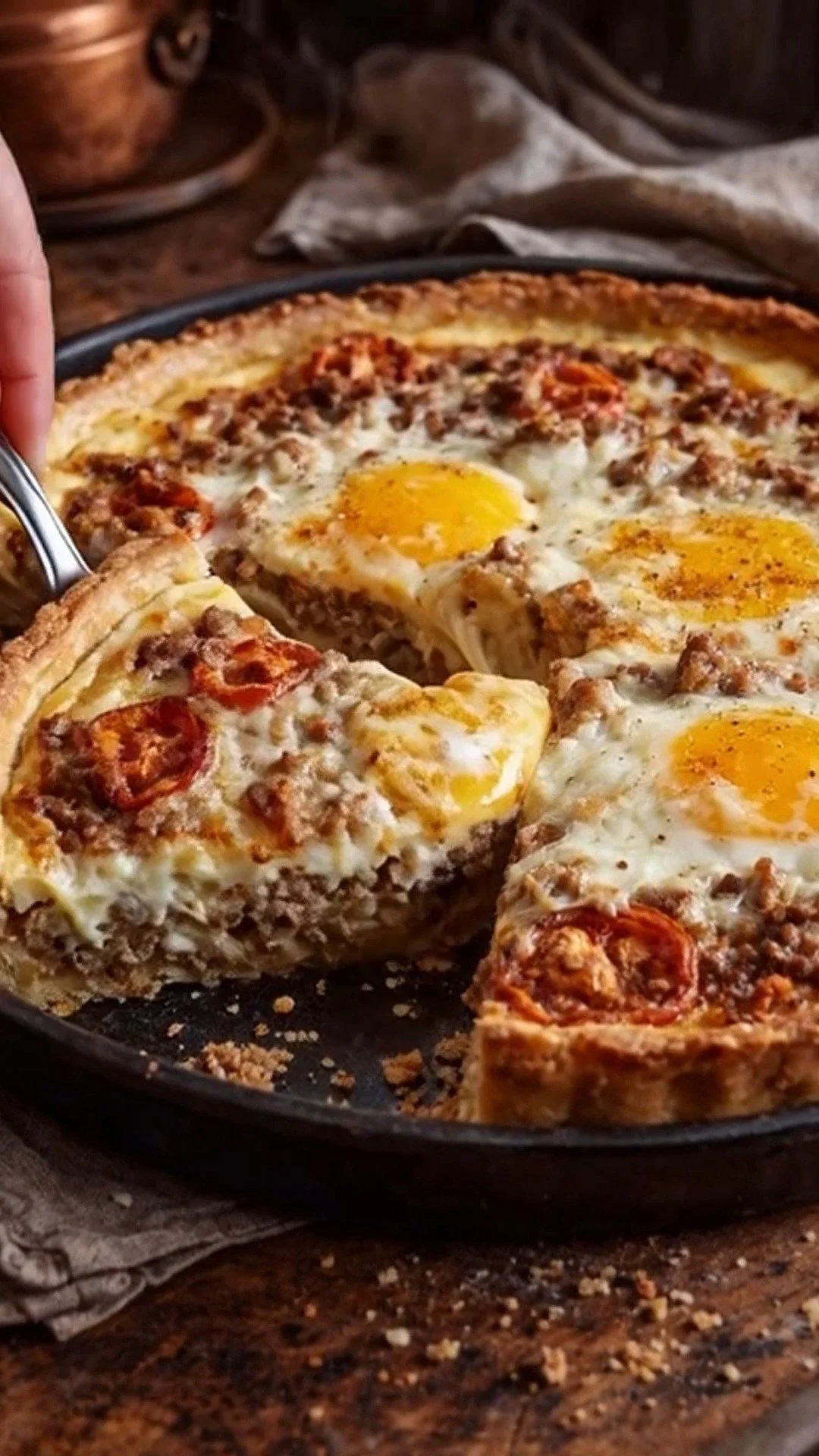 Tarte à la viande hachée aux œufs, tomates et fromage