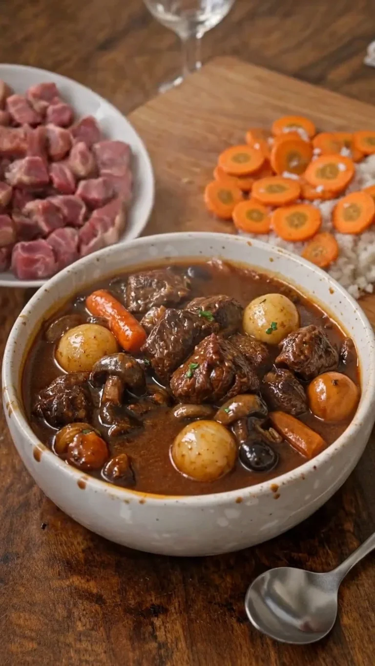 Plat de boeuf bourguignon savoureux avec légumes et vin rouge