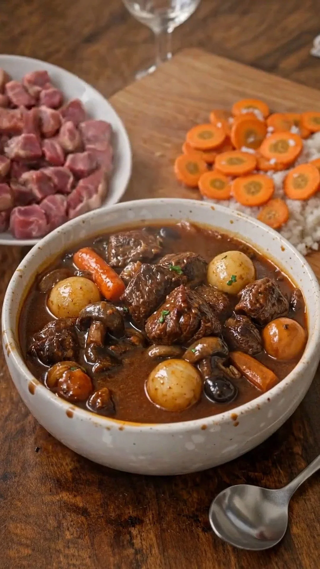 Plat de boeuf bourguignon savoureux avec légumes et vin rouge