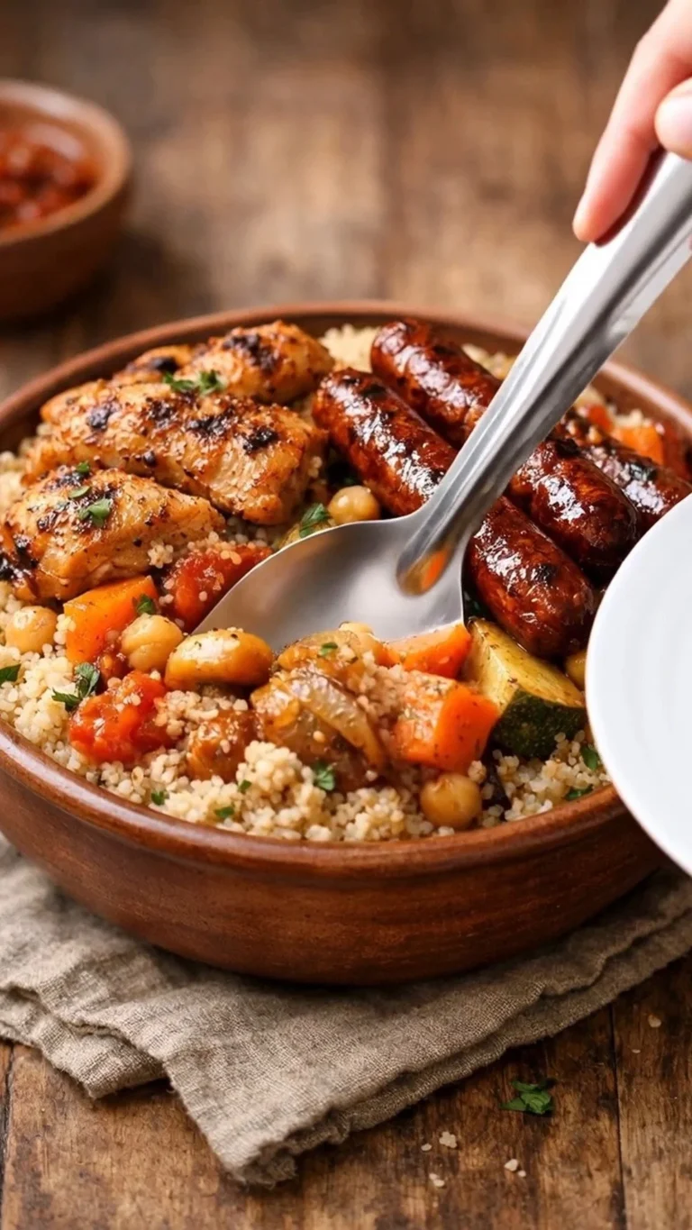 Plat de couscous poulet et merguez garni de légumes colorés et épices