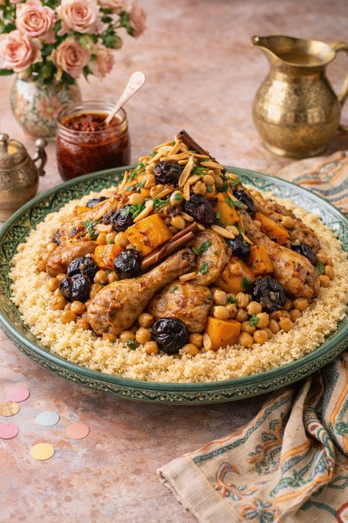 Assiette de Couscous Royal garnie de légumes et viandes variés.