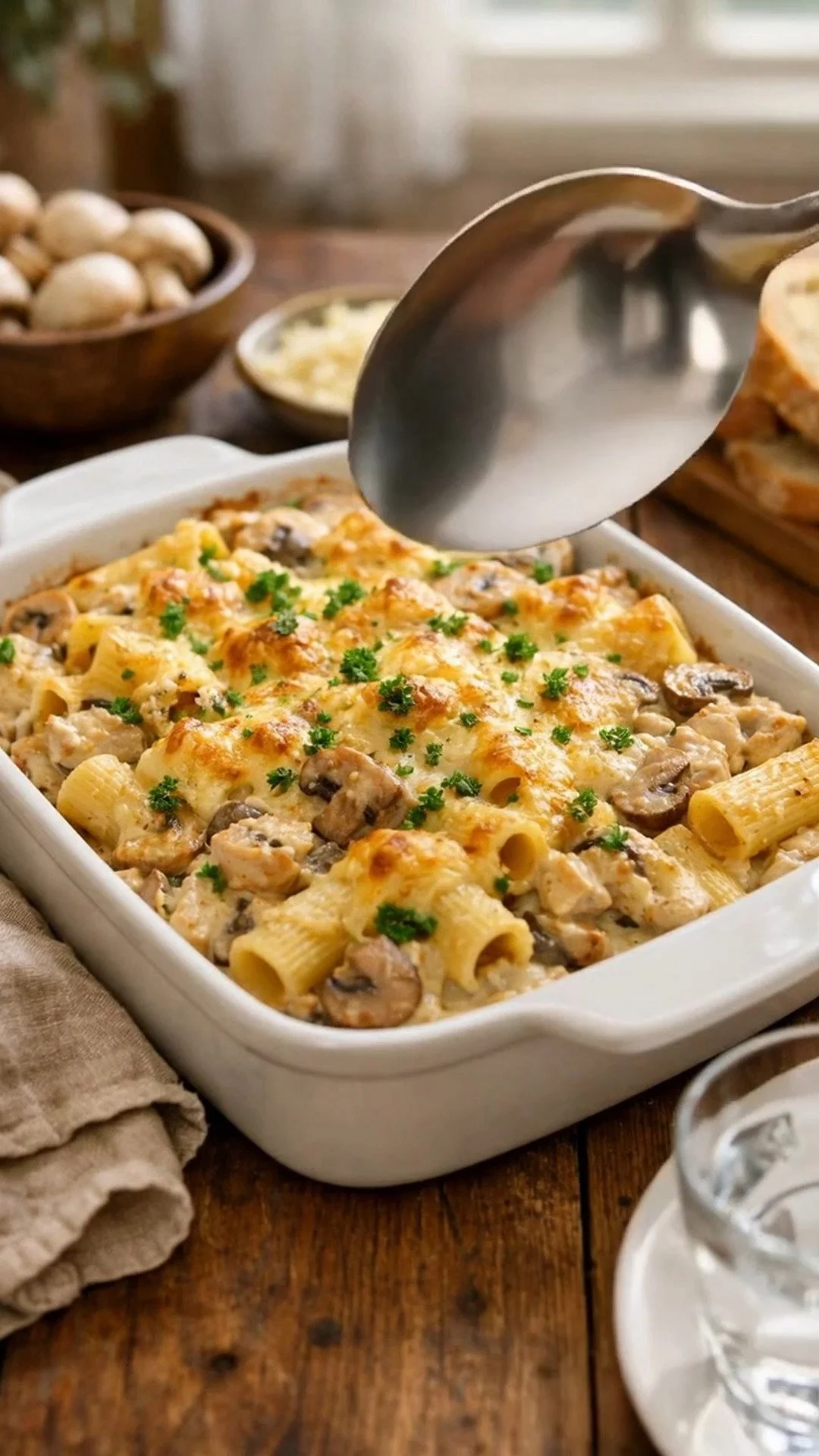 Gratin de Pâtes aux Champignons et Poulet