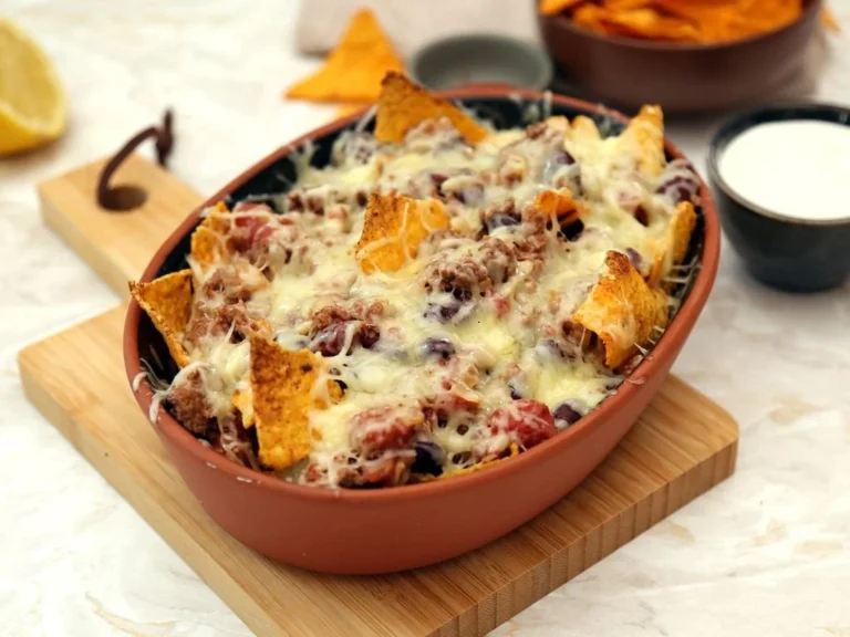 Gratin de Viande Hachée et Doritos doré et appétissant servi dans un plat en céramique.