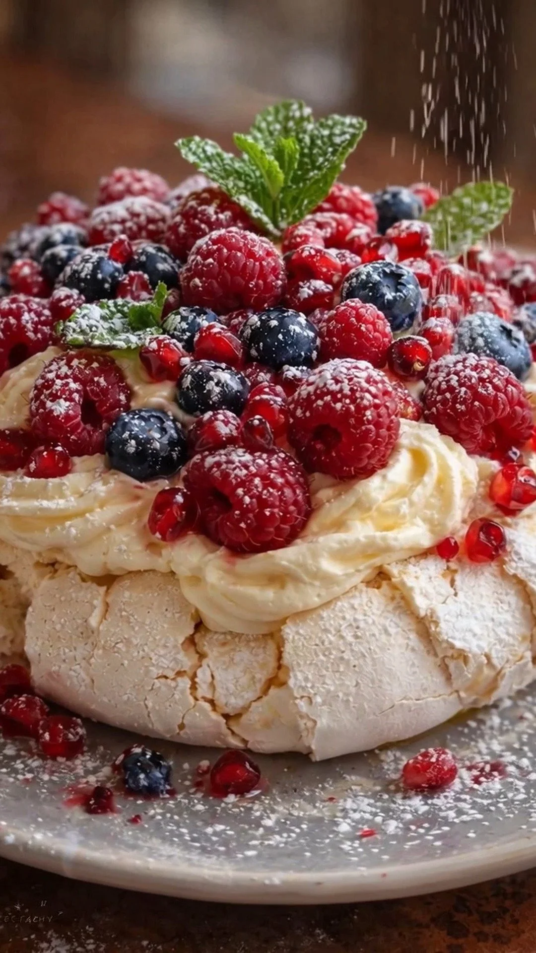 Pavlova aux fruits rouges garnie de fraises et framboises sur meringue légère.