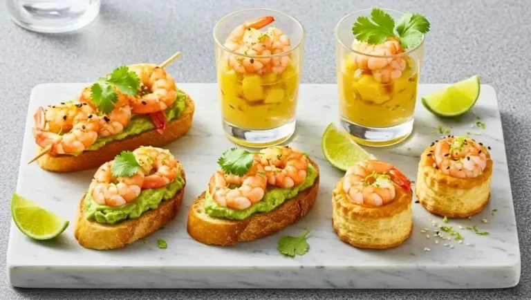 Quatre recettes apéritives aux crevettes présentées sur une table festive.