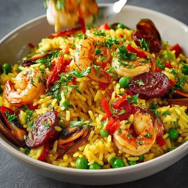 Salade de riz aux moules et crevettes plate colorée et appétissante