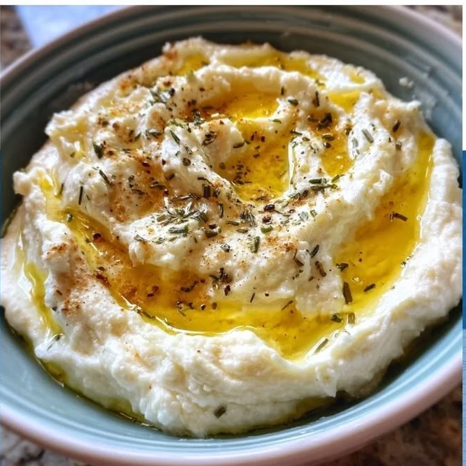 Skordalia, une purée crémeuse d'ail et de pommes de terre servie avec un plat grec.