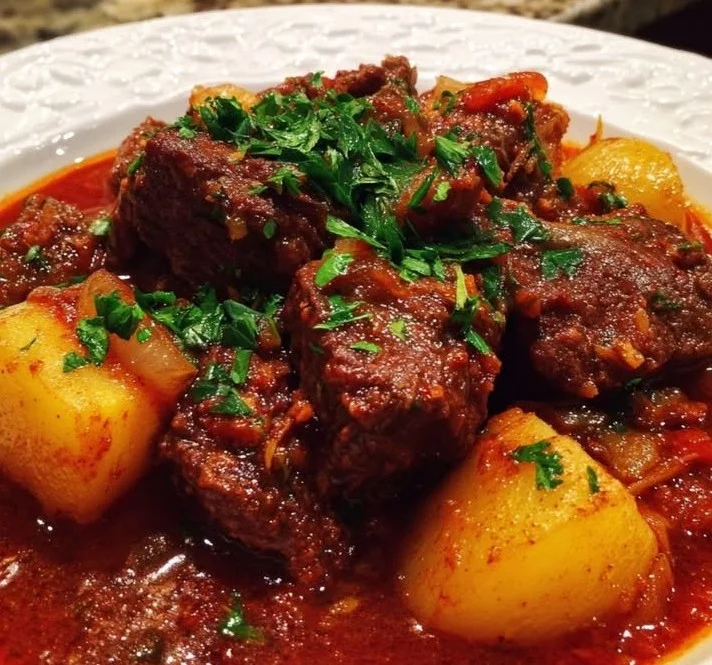 Plat de stifado traditionnel grec avec viande et légumes en sauce.