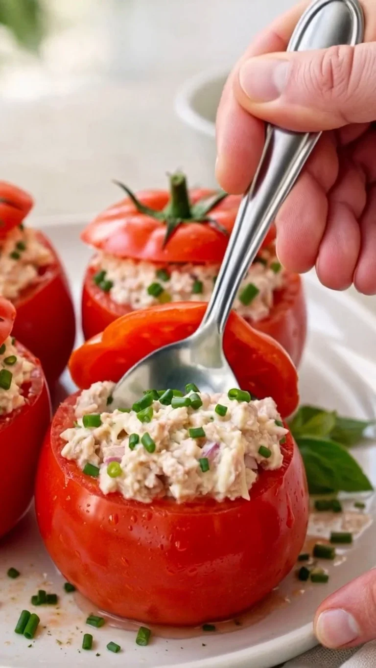 Tomates farcies au thon garnies et prêtes à servir