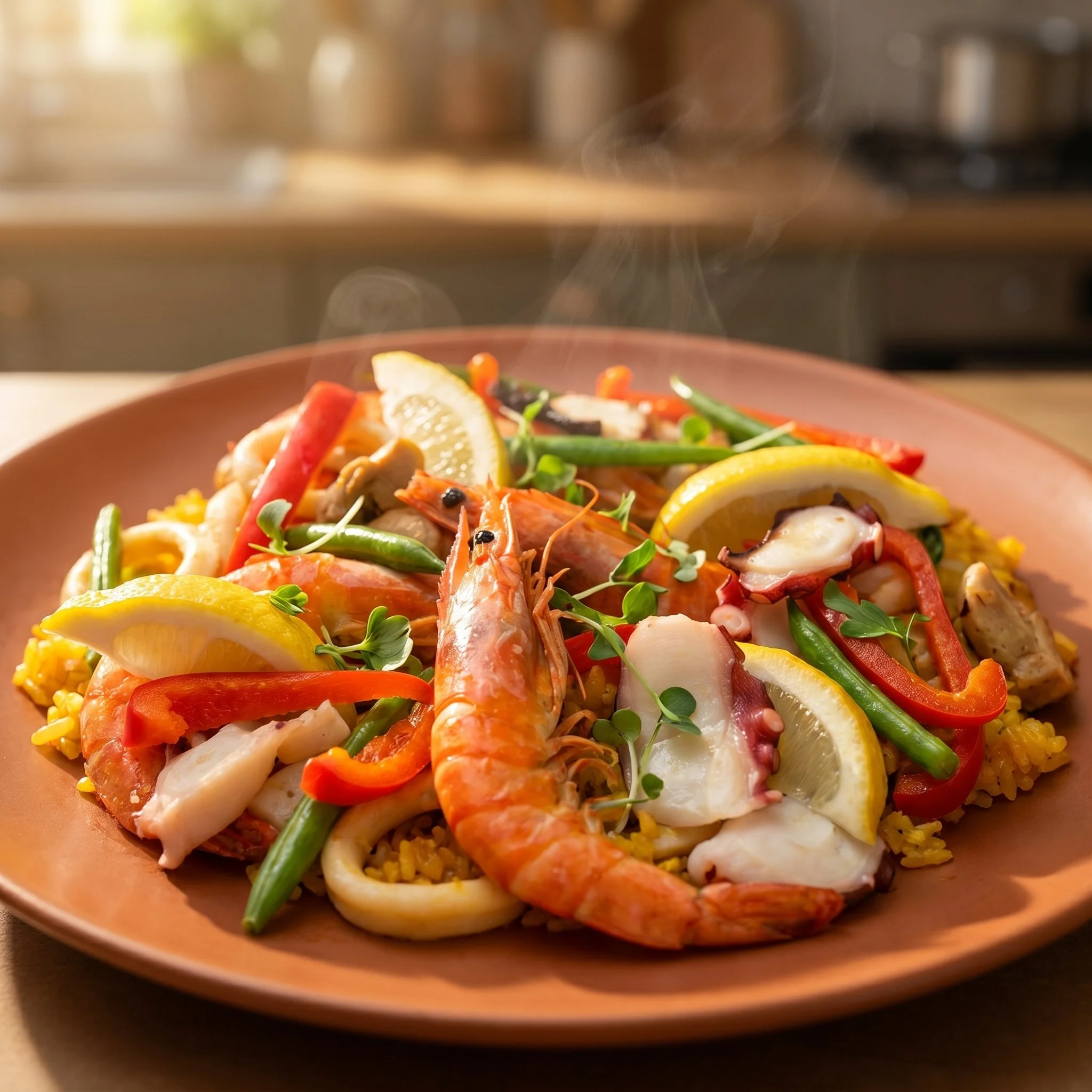 Paella aux fruits de mer garnie de fruits frais et épices colorées.