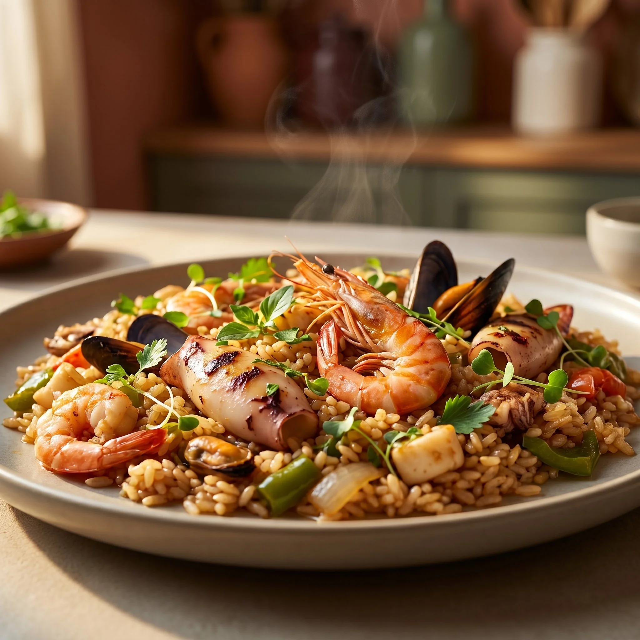 Paella aux fruits de mer préparée avec du riz, crevettes et moules.