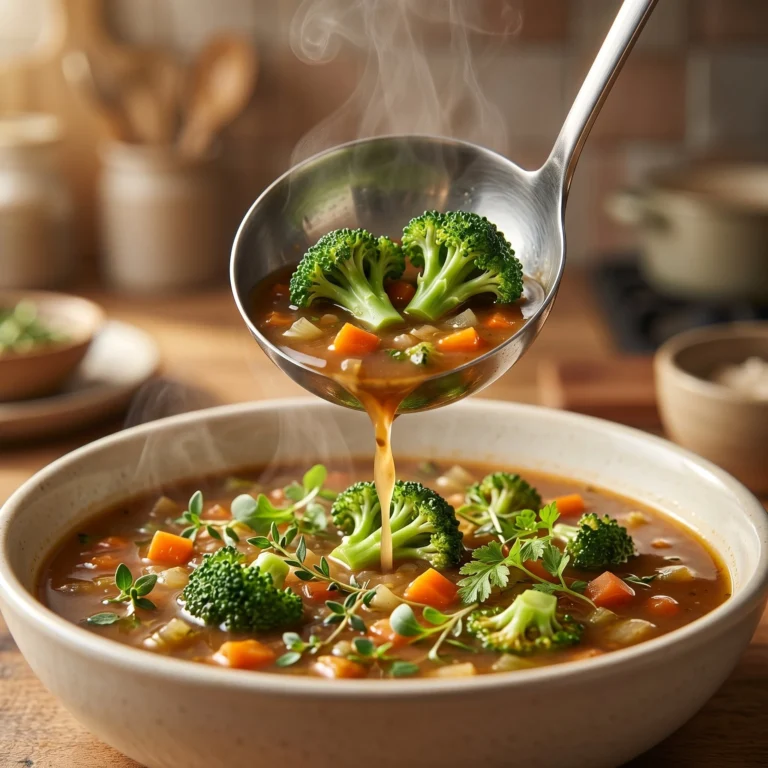Soupe de légumes frais servie dans un bol, garnie de fines herbes.