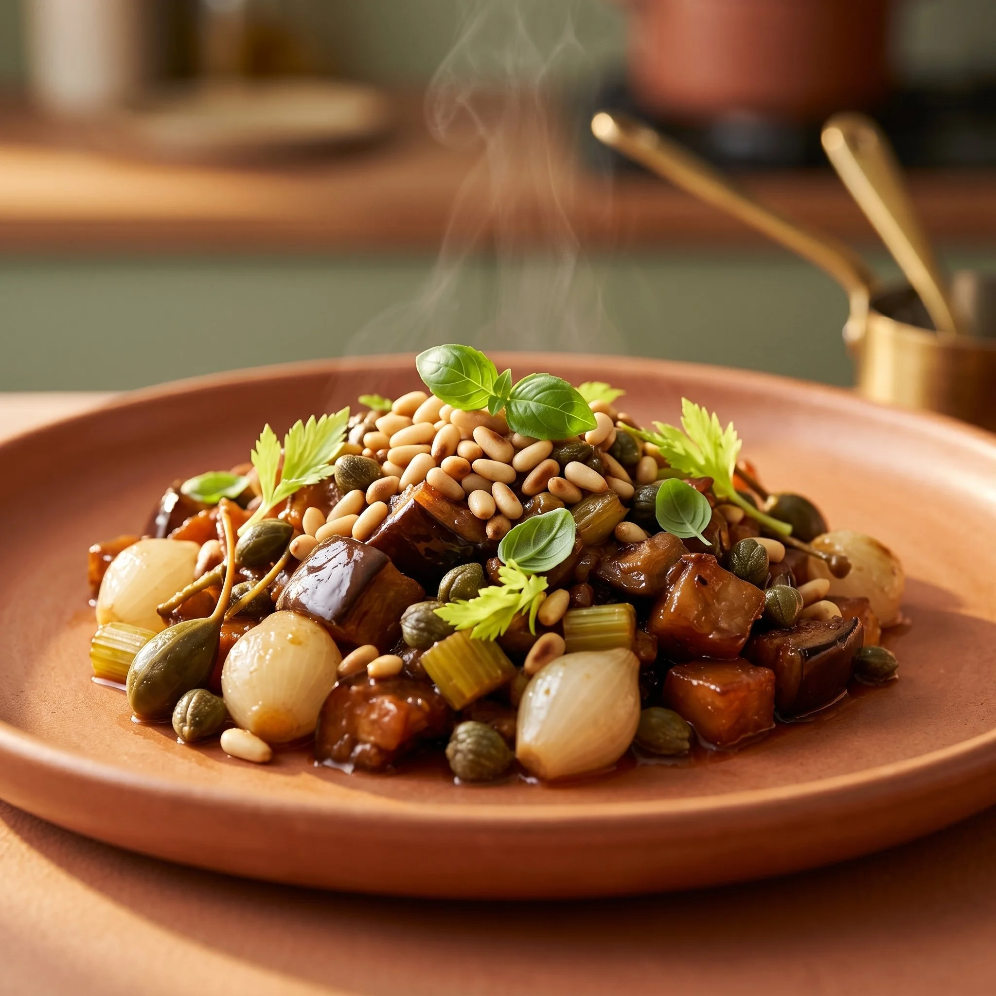 Plat de caponata sicilienne avec aubergines, tomates et olives