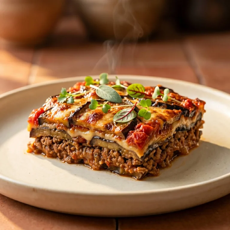 Un savoureux Gratin d'Aubergines sorti du four, riche et appétissant.