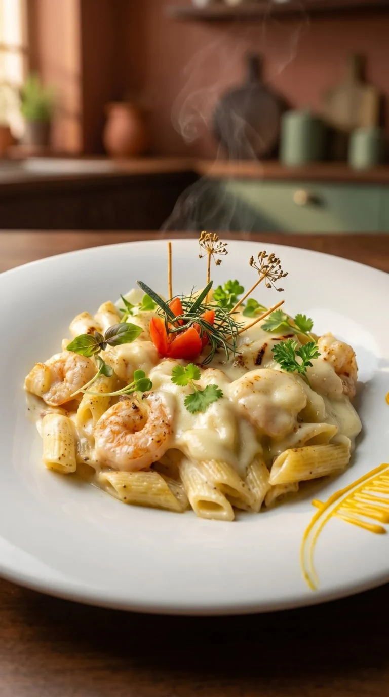 Pâtes avec crevettes et ail séché, plat savoureux prêt à déguster