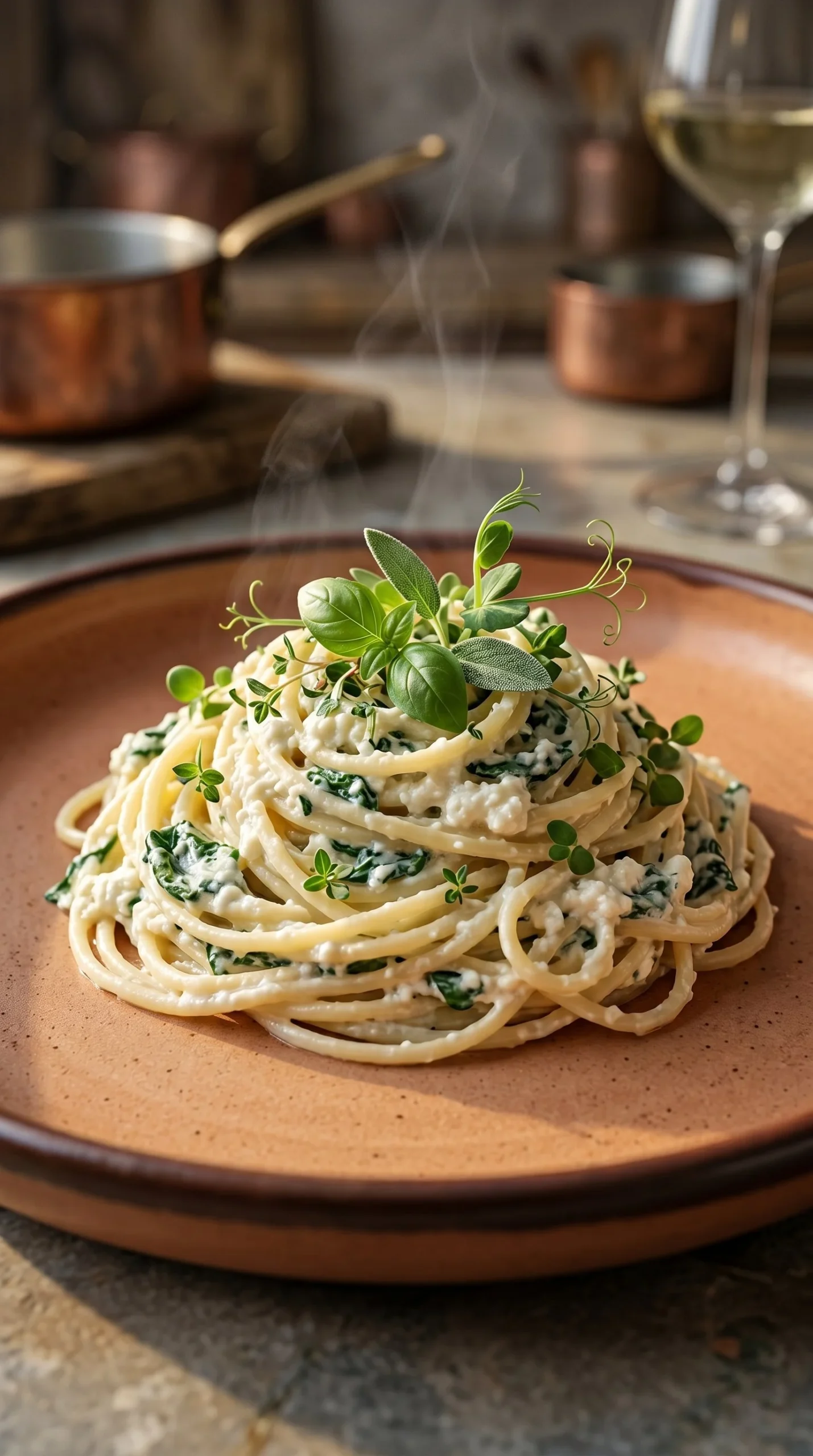 Pâtes aux épinards et ricotta dans un plat appétissant